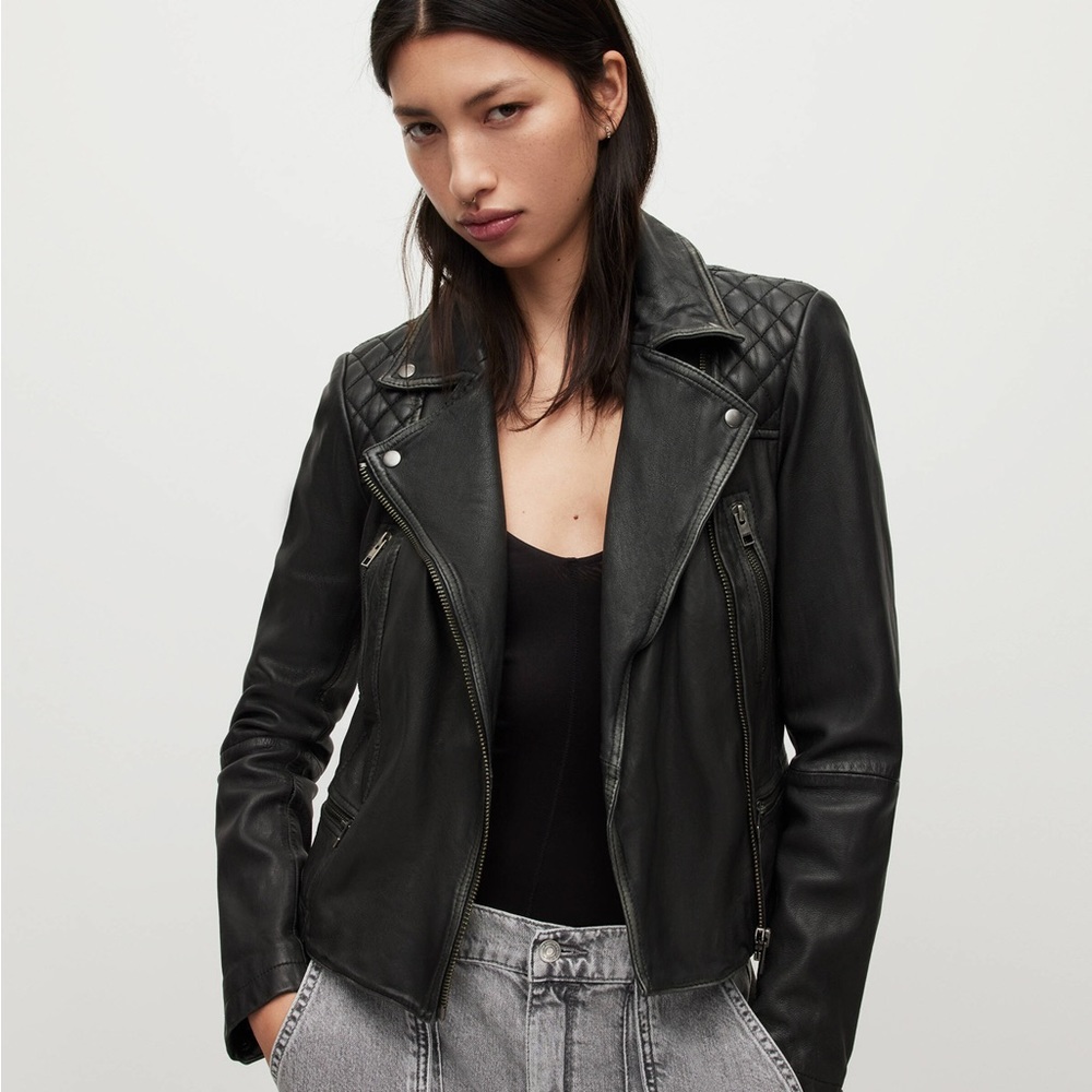 AllSaints Cargo Distressed Leather Biker Jacket US4